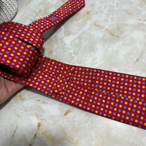 NWOT Holland‎ & Sherry London Men's Silk Polkadot Tie Red/Blue/Gold 3 1/2 x 60